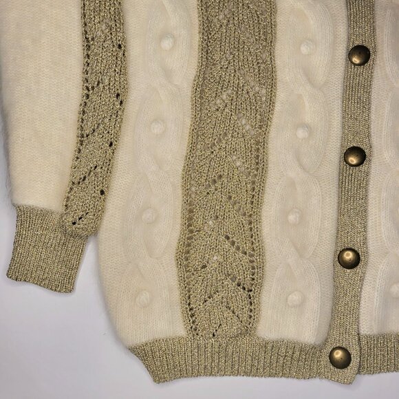 NWT Vintage Angora Cream White Metallic Gold Cardigan Grandmacore Hygge Sz Small - Picture 8 of 9